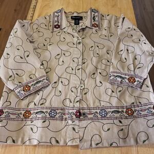 Denim & Co. Colorful Embroidered 100% Cotton Jacket Size Large Floral